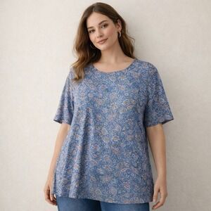 J Jill Women Shirt Size XL Blue Floral Paisley Pima-Slub Elbow-Sleeve Tee